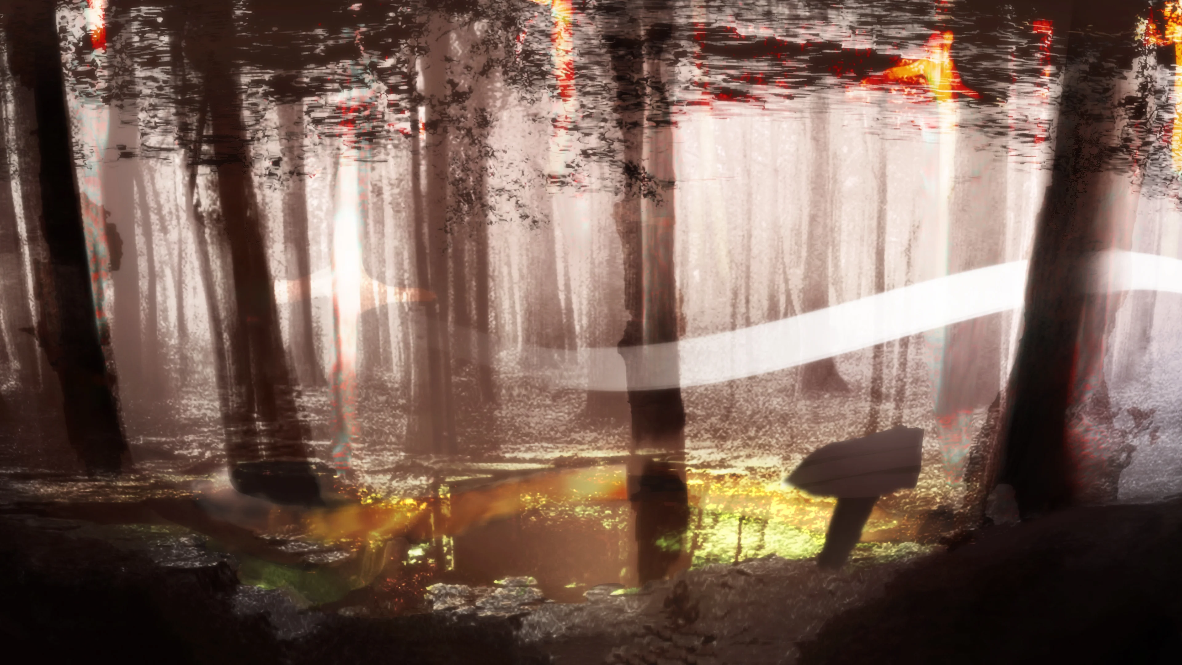 A serene, misty forest mirrored on a lake, with tall trees reflecting in the water. Soft, warm tones create a tranquil, dreamlike atmosphere.